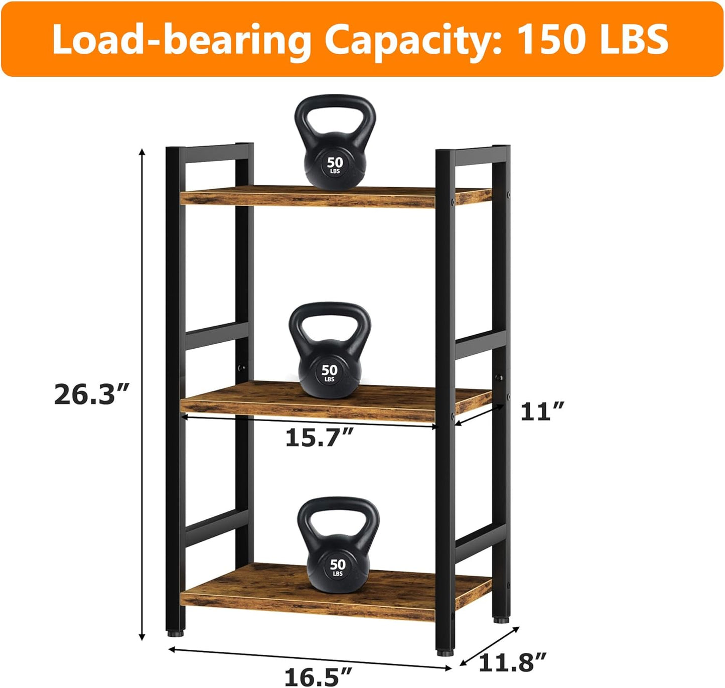 Book Shelf, 3 Tier Bookcase with Steel Frame, Stable Bookshelf Narrow Book Shelves Storage Organizer for Book CD Movie, Open Book Shelves for Living Room, Home Office, Study, Rustic Brown