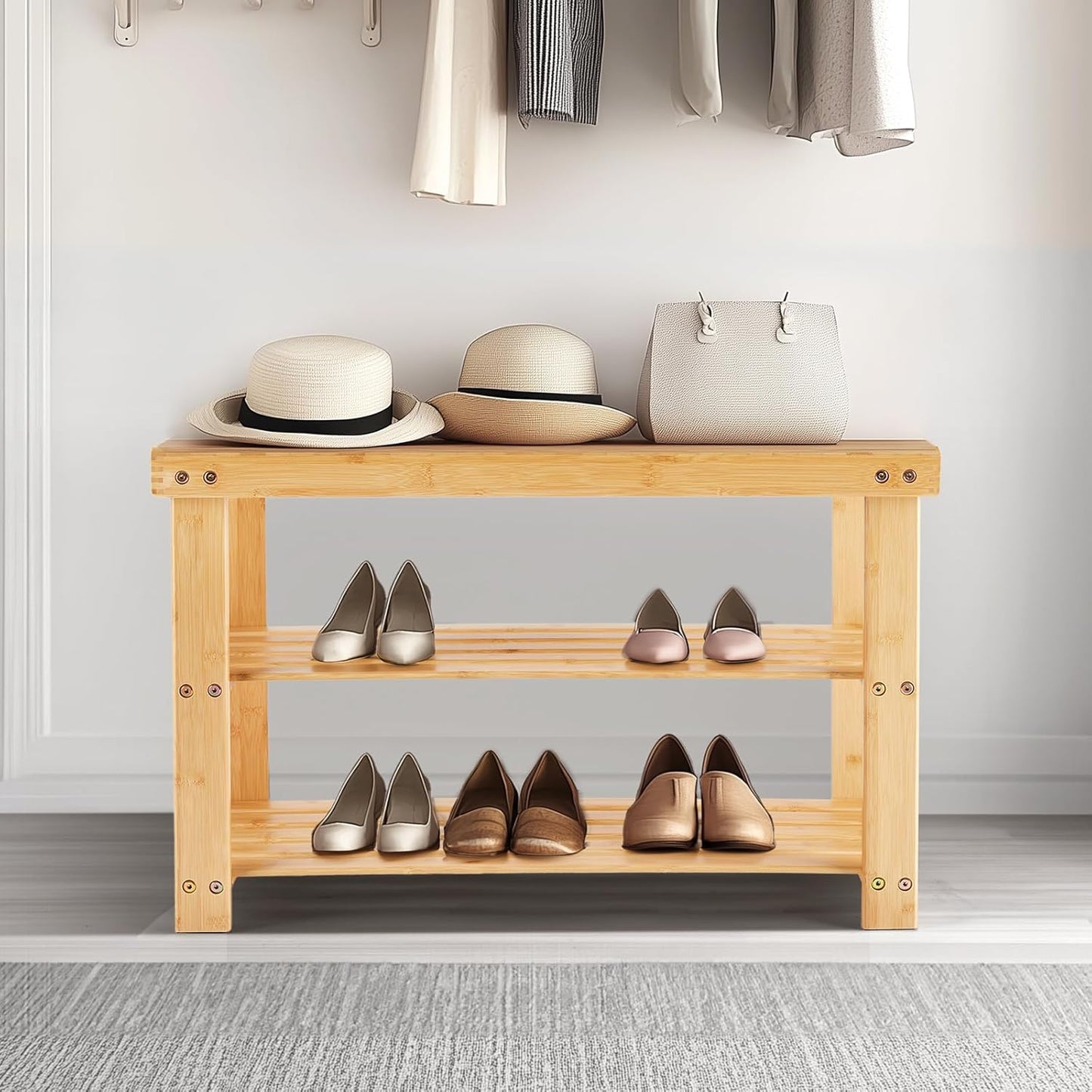 Sweetcrispy Shoe Rack Bench, 3-Tier Bamboo Entryway Storage Organizer, 286lb Capacity, Shoes Stand for FrontDoor Entrance, Bedroom, Living Room, Bathroom, Balcony, 11.3 x 27.6 x 17.8 Inches, Wood
