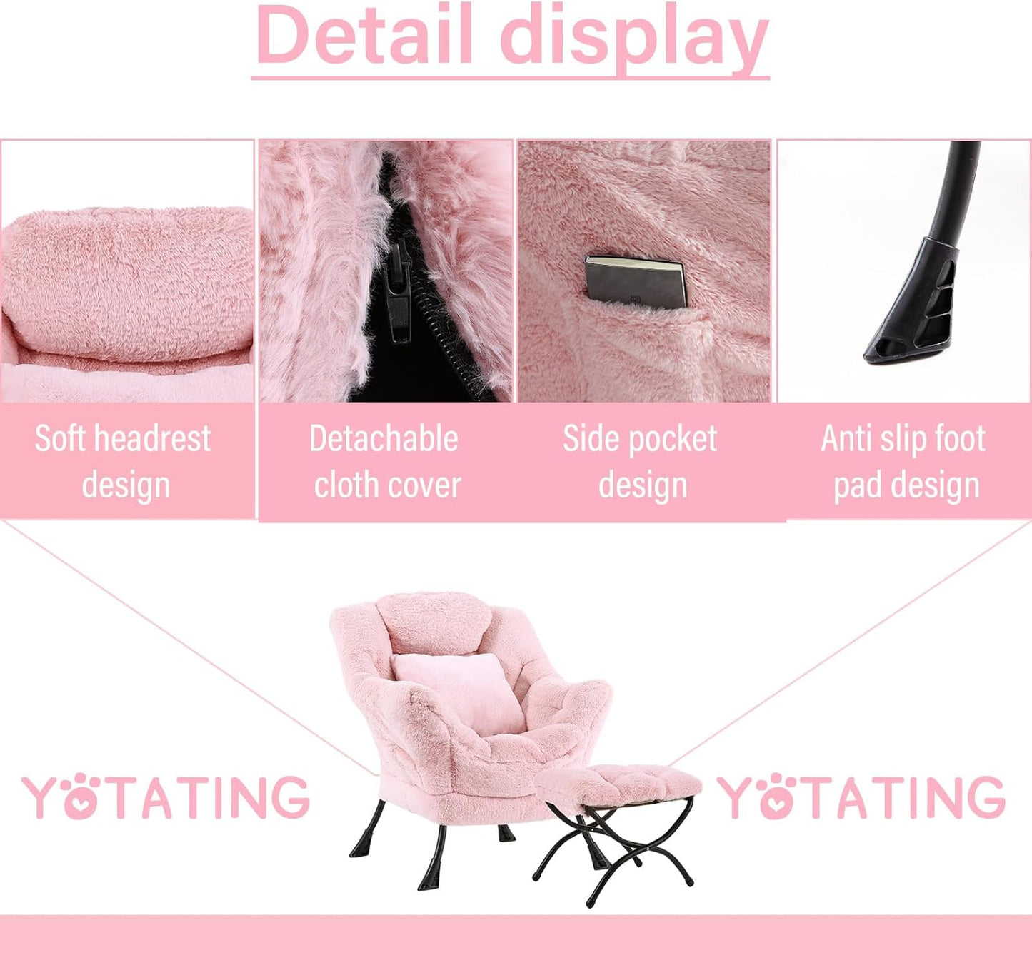 Lazy Chair with Ottoman, Comfy Reading Lounge Chair with Footstool & Throw Pillow Modern with Armrests & Side Pocket for Living Room, Bedroom, Dorm Room, Plush Pink