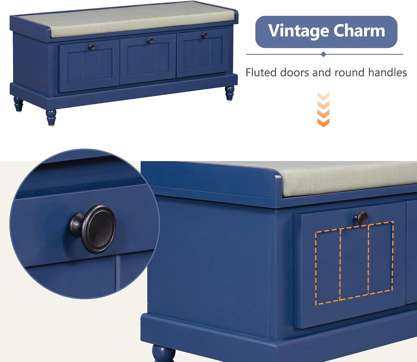 Merax Classic Storage Bench with Cushioned Seat and Three Drawers for Entryway & Living Room & Bedroom, Navy Blue