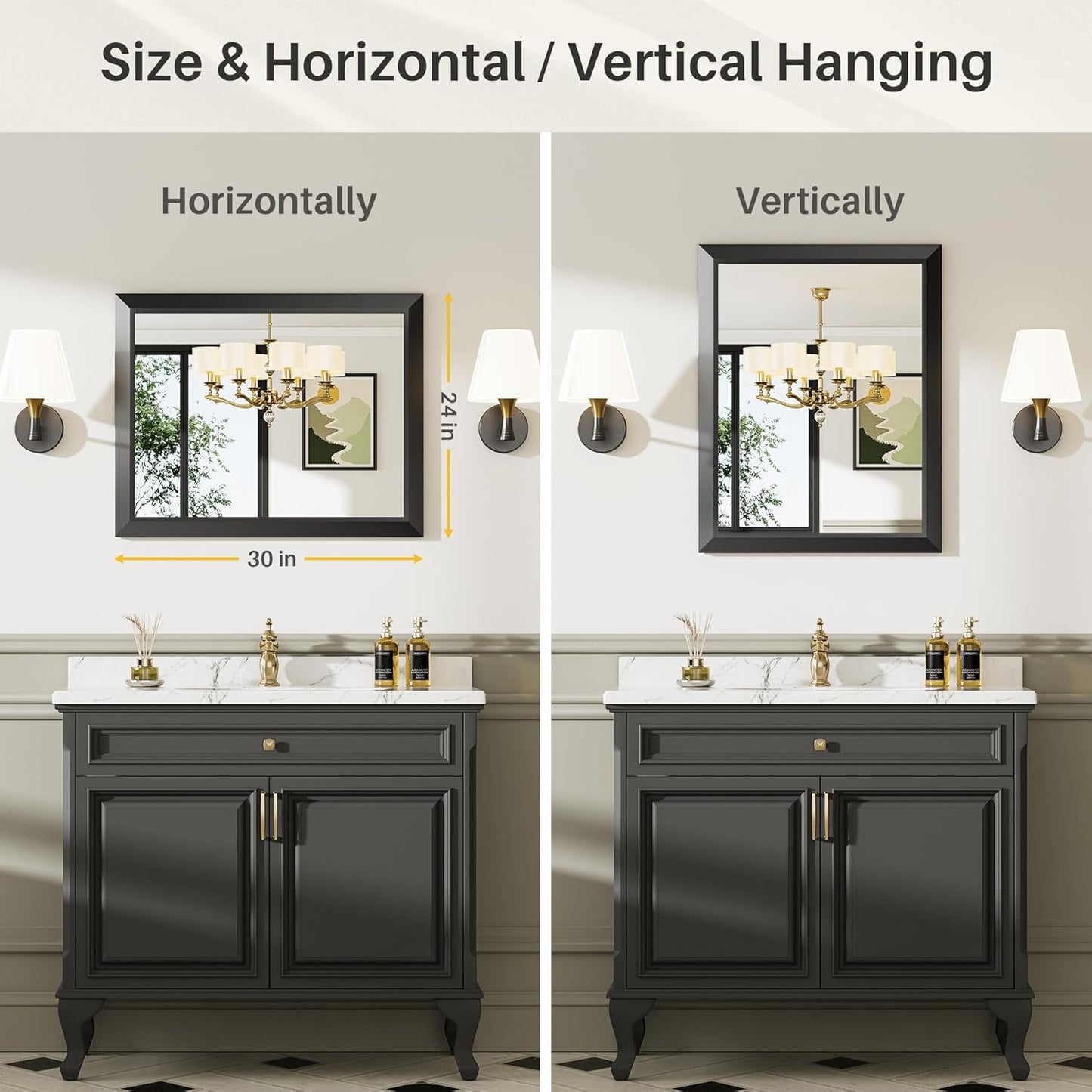 24x30 Inch Black Bathroom Mirror for Wall, Thick Metal Framed Rectangle Mirrors for Over Sink, Bedroom, Living Room, Entryway, Anti-Rust, HD Tempered Glass