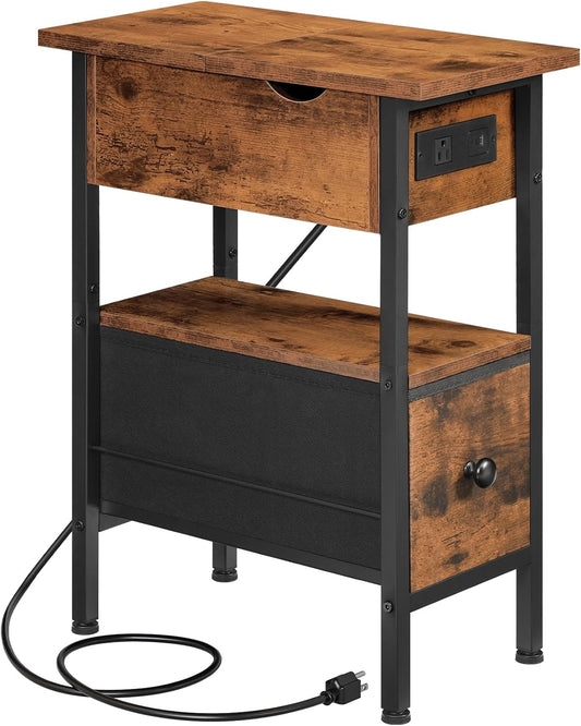 HOOBRO End Table with Charging Station, Flip Top Narrow Side Table with Storage Drawer, Slim Nightstand Bedside Tables, for Small Space, Living Room, Bedroom, Rustic Brown and Black BF343UBZ01G1