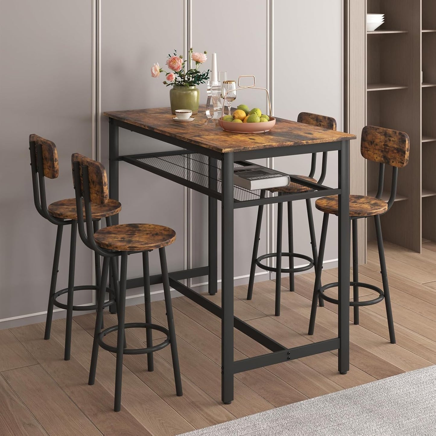 5-Piece Bar Table and Chairs Set, 43.3'' Pub Table Set Modern Small Table and Chairs Set of 4 for Breakfast Nook Living Room Small Space Restaurant, Brown