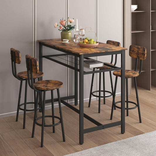 5-Piece Bar Table and Chairs Set, 43.3'' Pub Table Set Modern Small Table and Chairs Set of 4 for Breakfast Nook Living Room Small Space Restaurant, Brown