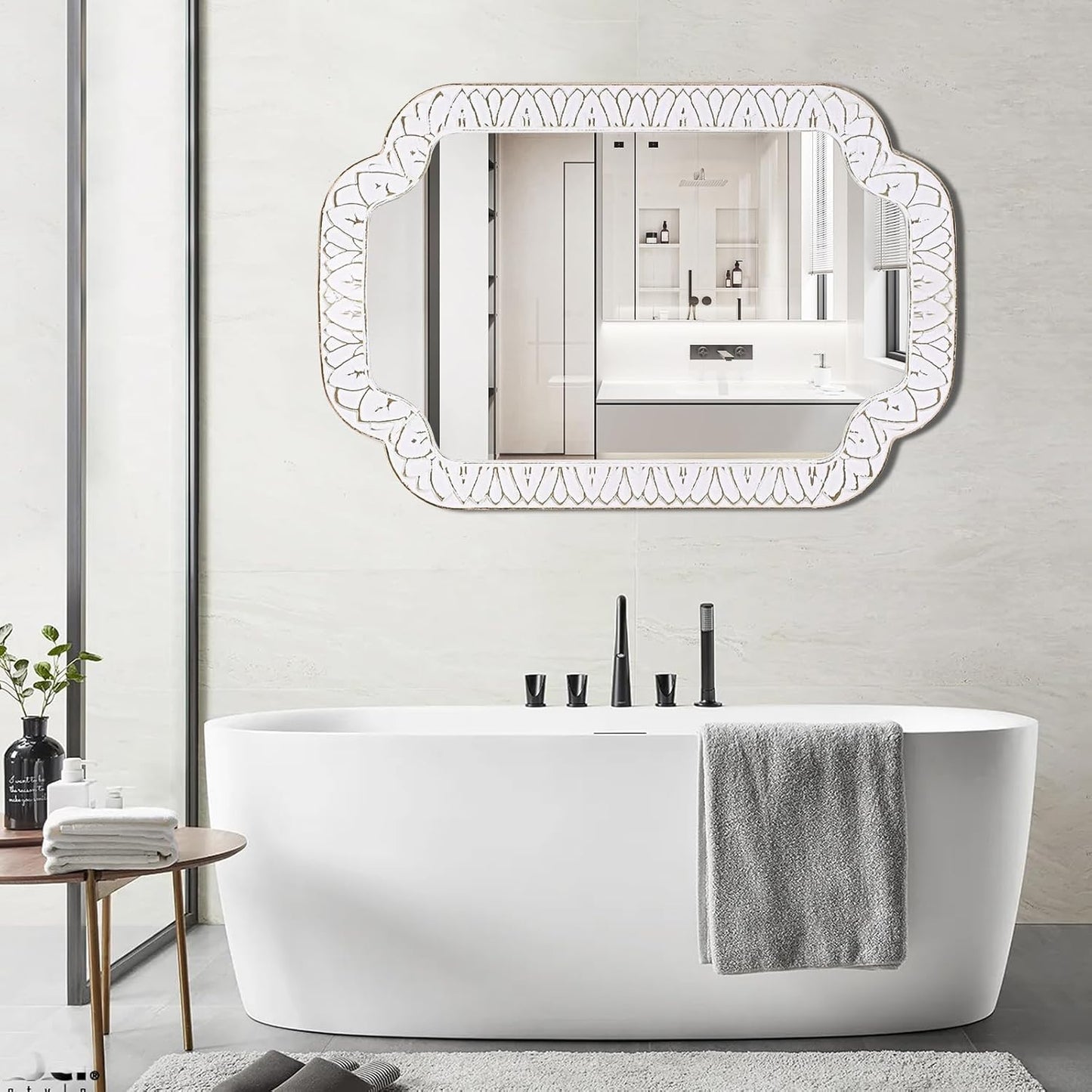 36x24 Inch Scalloped Wall Mirror with Wooden Frame, Rustic Farmhouse Bathroom Vanity Mirror, Decorative Mirrors for Living Room, Bedroom, Entryway – Vertical or Horizontal Mount