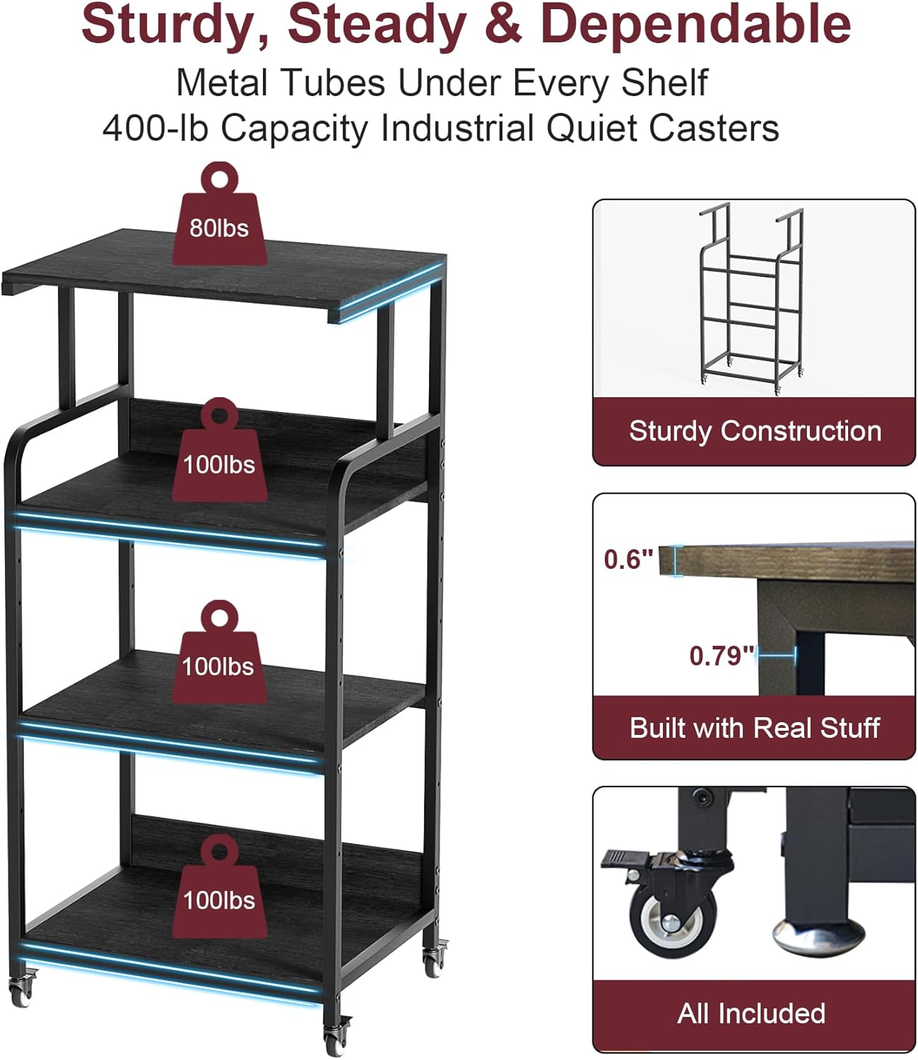 4 Tier Printer Stand with Storage Shelf, Large Tall Printer Table for Home Office, Mobile Printer Cart with Industrial Wheels for Paper Shredder Scanner Fax Heat Press Small Space Organization (Black)