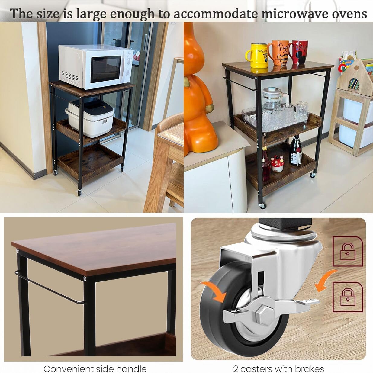 3-Tier Rolling Utility Cart with Table Top- Wooden Utility Cart wit Wheels- Kitchen Storage Microwave Table Stand, Mesh Shelves, for Living and Kitchen Room Office (Brown)