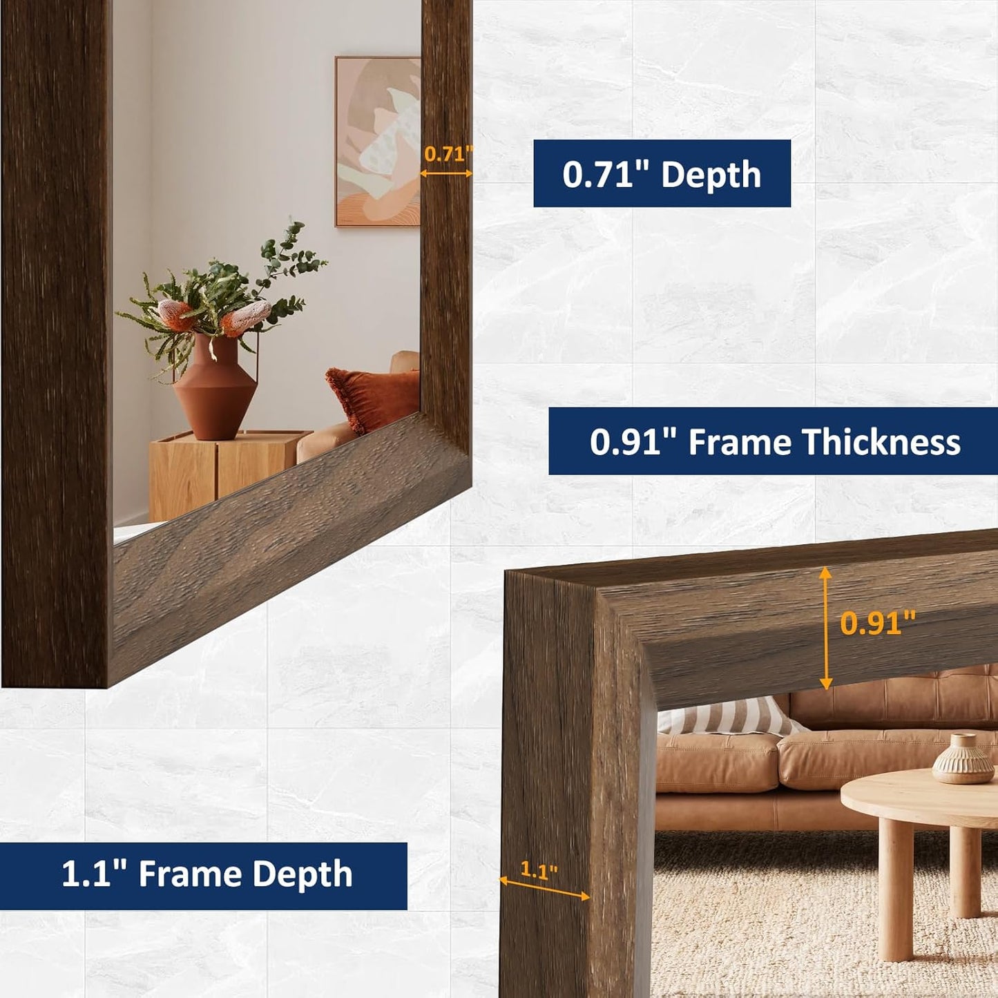 WEER Walnut Bathroom Mirror, Walnut Framed Mirror 28X36 Inch, Rectangle Wall Mounted Bathroom Vanity Mirror with Tempered Glass, Hangs Vertically or Horizontally, Anti-Rust
