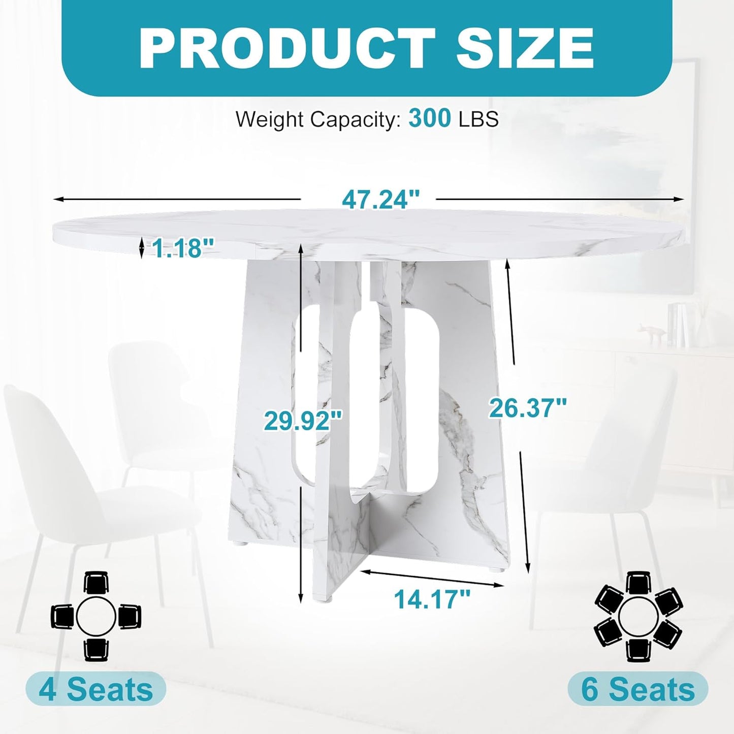 47" Round Dining Table for 4-6, Modern Small Dinner Table Farmhouse Round Kitchen Tables with Marble White Finish for Dining Room, Kitchen, Living Room, Marble White