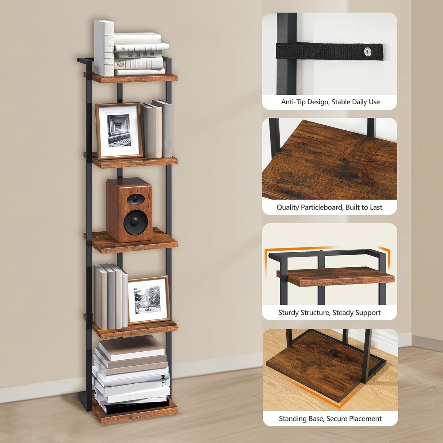 Bookshelf, 5-Tier Bookcase, Vertical Tall Narrow Book Shelf for Small Space, Open Storage Display Shelf with Stable Base & Anti-Tip Kits, for Living Room, Study, Rustic Brown BKHR11501