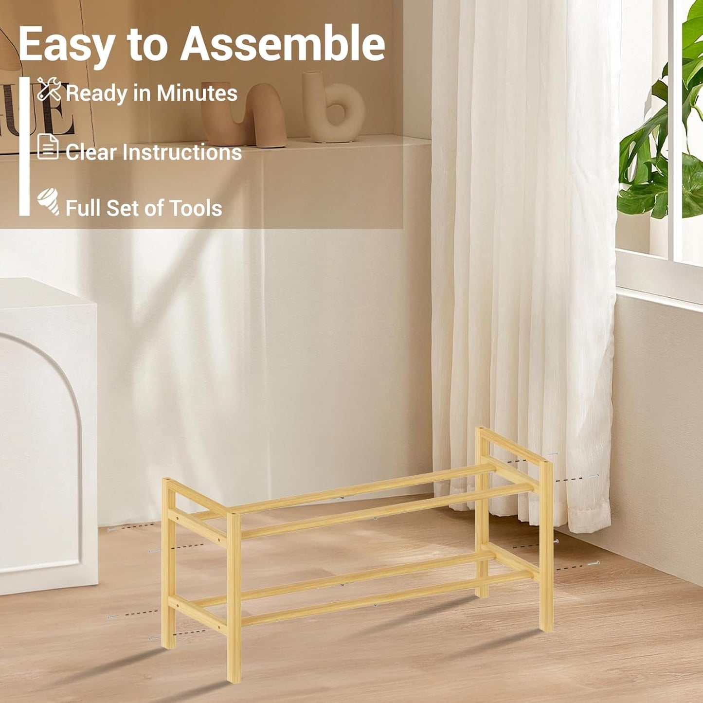 Haddockway Bamboo Shoe Rack for Closet, Free Standing Shoe Organizer with Smooth Round Rods & Convenient Handles, Stackable Shoe Storage Shelf for Entryway, Hallway(Natural, 2-Tier)