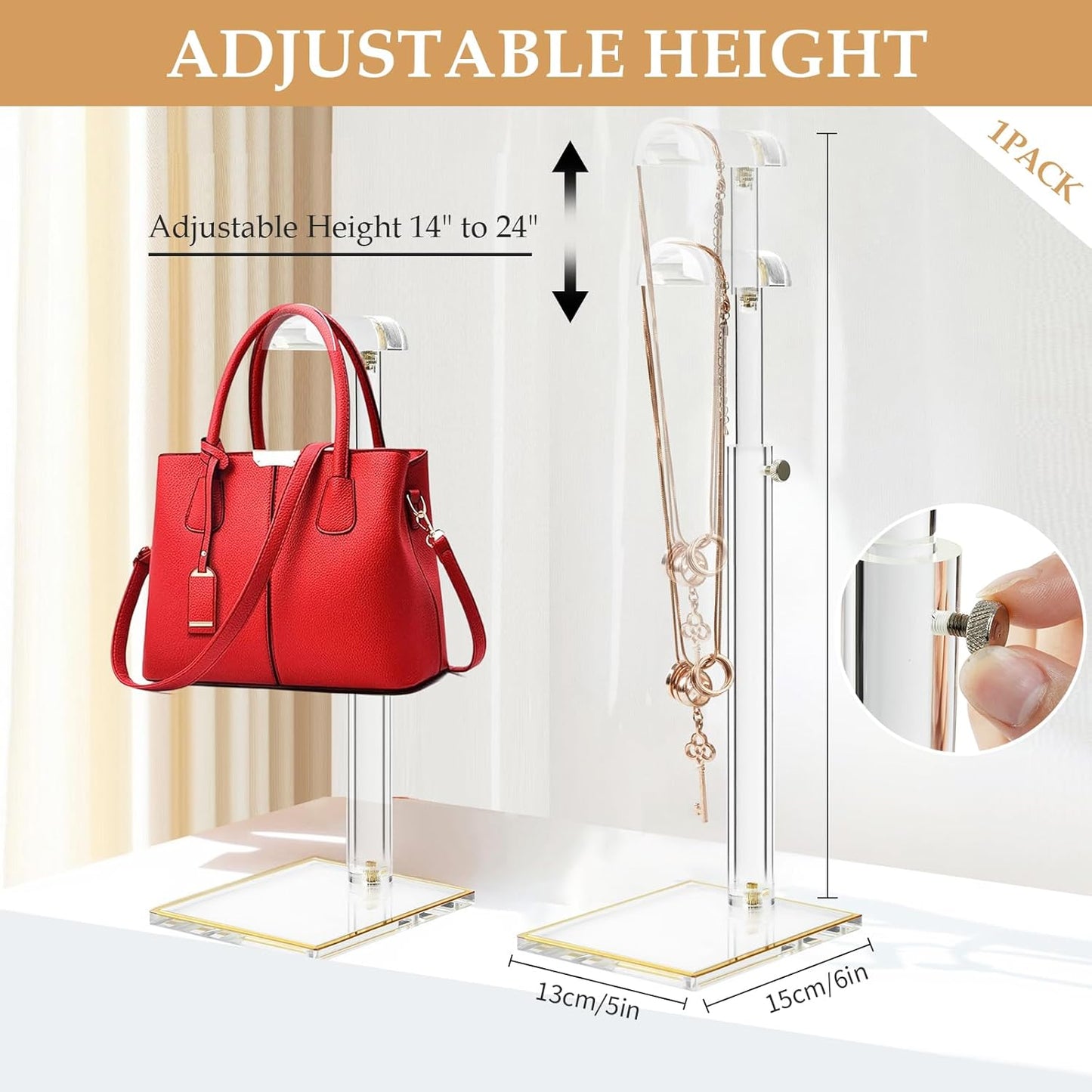 Purse Stands, Acrylic Purses Display Stand, 14“-24” Height Adjustable Handbag Rack, Purse Organizer for Closet, Table Bag Hanging Stand for Closet Retail Vendor Commercial Store(PATENT PENDING)