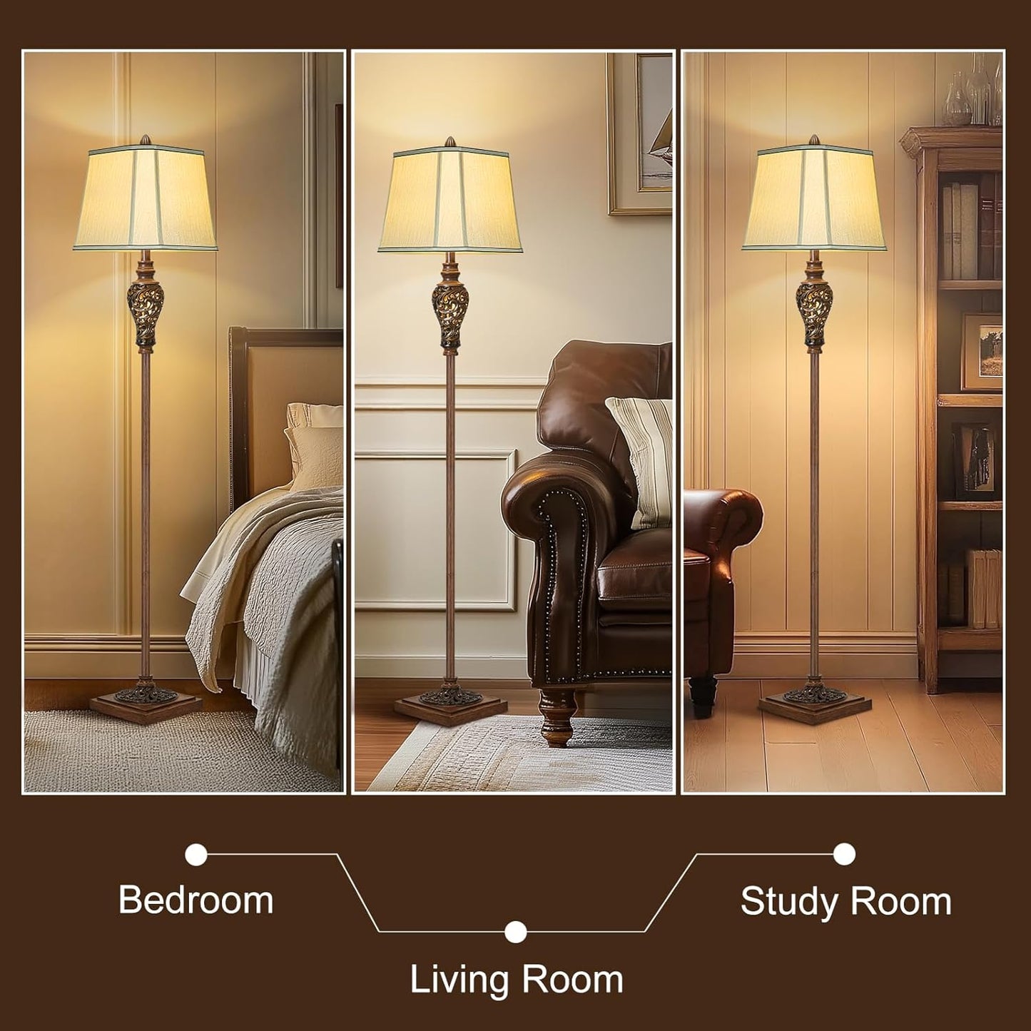 Vintage Floor Lamp with Nightlight, 65" Rustic Standing Lamp with Beige Faux Silk Shade, Farmhouse Style Design Tall Lamp Decor for Living Room Bedroom Study Home Office Corner- Bronze (Bulb Included)