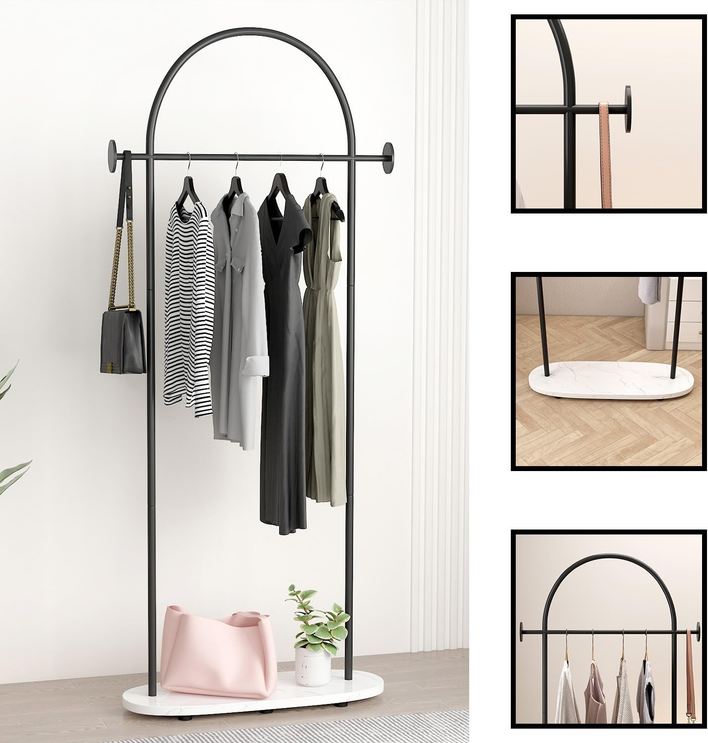 Black Clothing Rack, Modern Clothes Rack with Shelf, Heavy Duty Freestanding Coat Rack, Metal Coat Hanger Stand with Hooks for Boutique Office