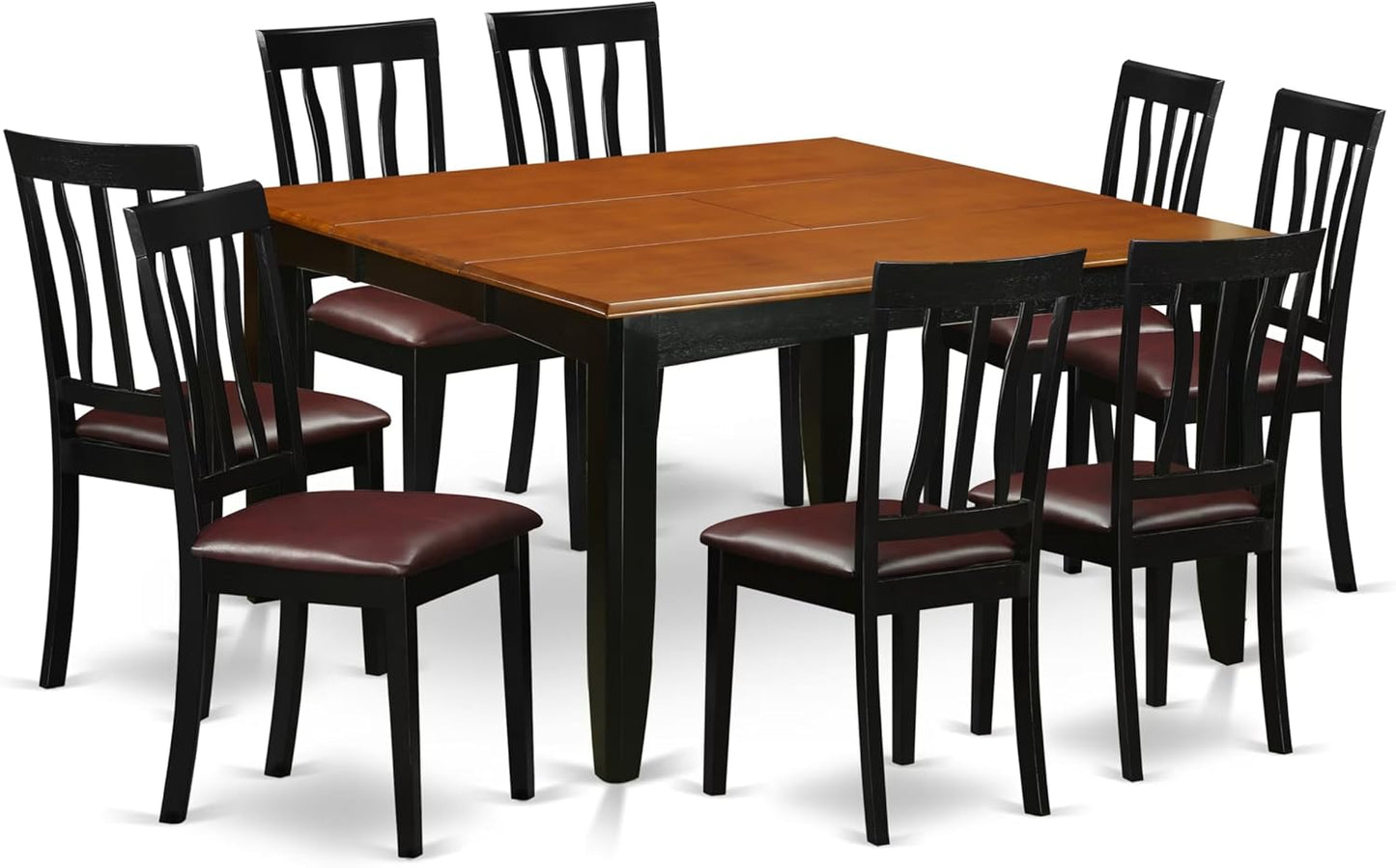 East West Furniture PFAN9-BCH-LC 9 Piece Dining Room Table Set Includes a Square Kitchen Table with Butterfly Leaf and 8 Faux Leather Upholstered Dining Chairs, 54x54 Inch, Black & Cherry