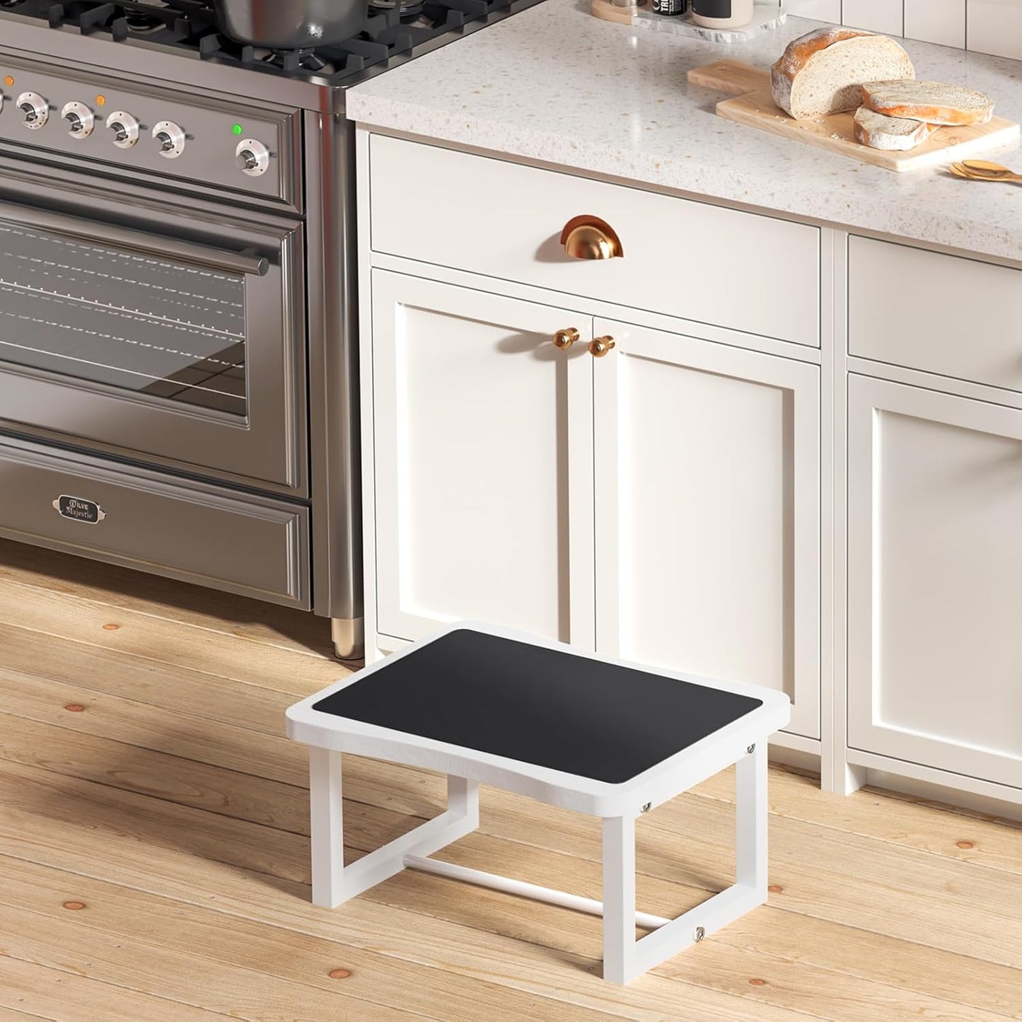 Wooden Step Stool with 500 Pounds, Wide Bed Step Stool for Adults，Wood White Step Stool&Stable Solid Metal Frame for Kitchen, Bedroom, Living Room, Bathroom