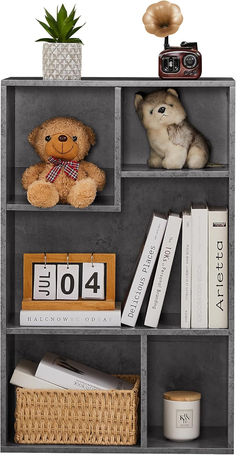 VECELO Contemporary Bookshelf, 5 Cube Shelf, Fits Tallest Hardcovers, Horizontal Available, Storage Organzier for Home Office,Modern Gray