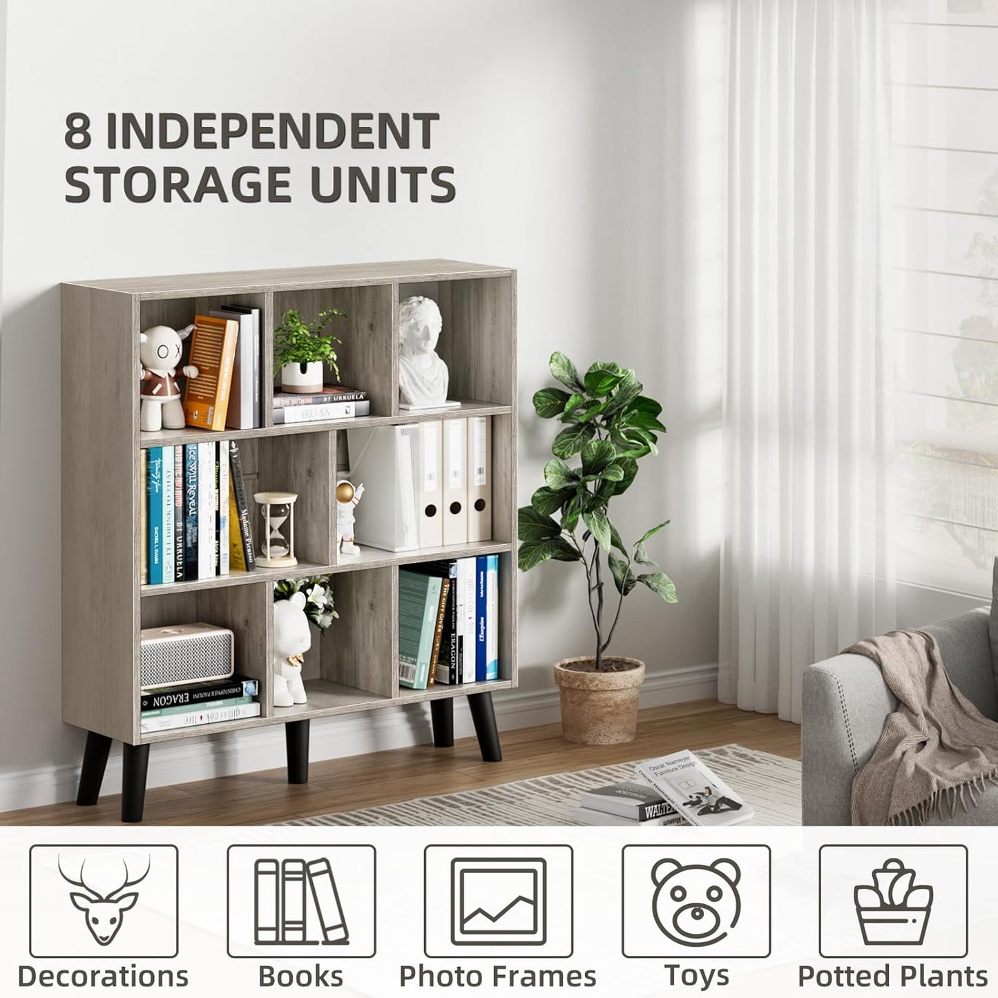 LEYAOYAO 8 Cube Bookshelf, 3 Tier Modern Bookcase with Legs, Mid-Century Modern Wood Book Shelves Storage, Retro Grey Book Case, Freestanding Organizer Display Shelf for Bedroom,Living Room,Office