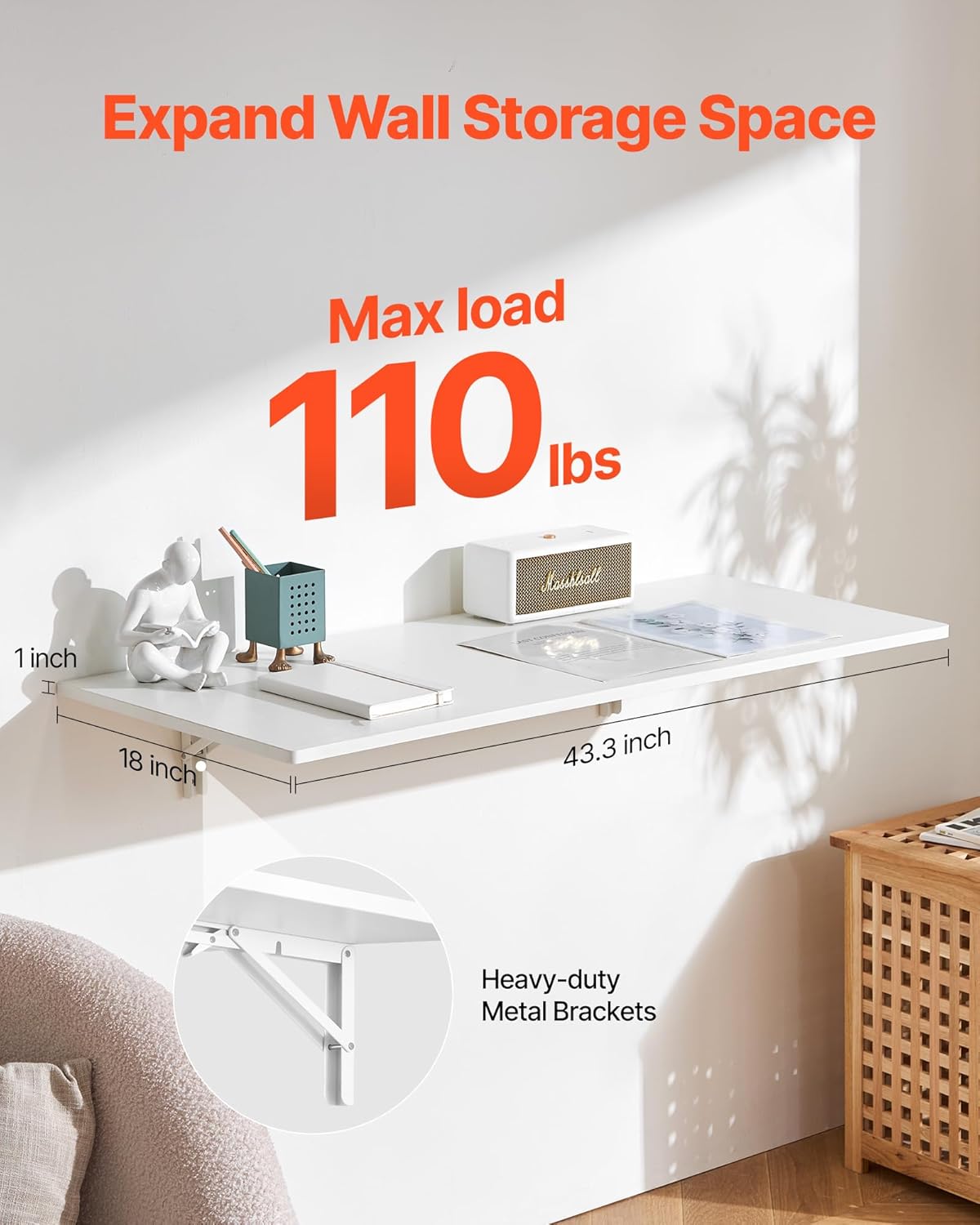 VEVOR Wall Mounted Folding Table, 43.3 x 18 inches Wall Mount Table, Floating Desk with Iron Bracket, Fold Down Desk for Small Spaces, Home Office, Dining, Laundry Room, Kitchen, Bar, White