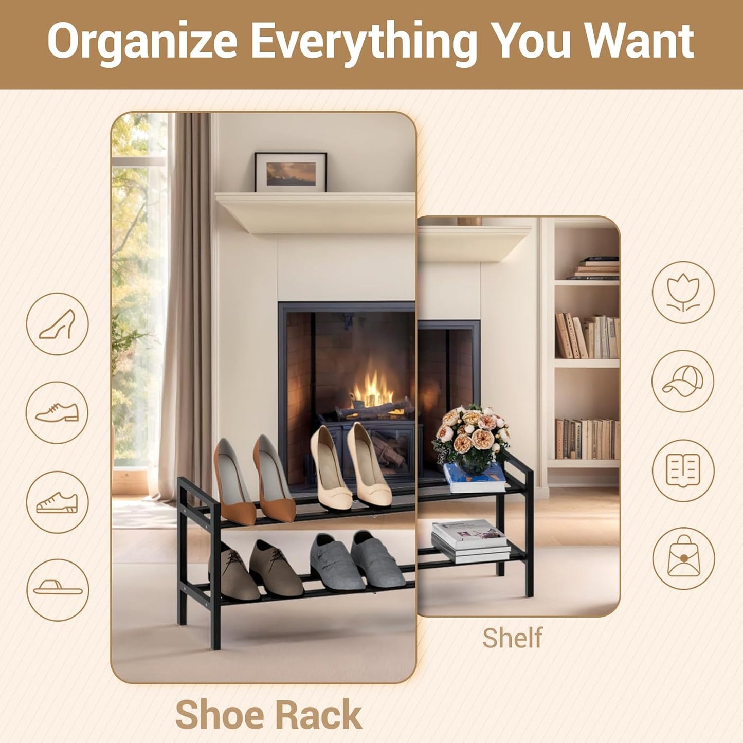 Haddockway Bamboo Shoe Rack for Closet, Free Standing Shoe Organizer with Smooth Round Rods & Convenient Handles, Stackable Shoe Storage Shelf for Entryway, Hallway(Black, 2-Tier)