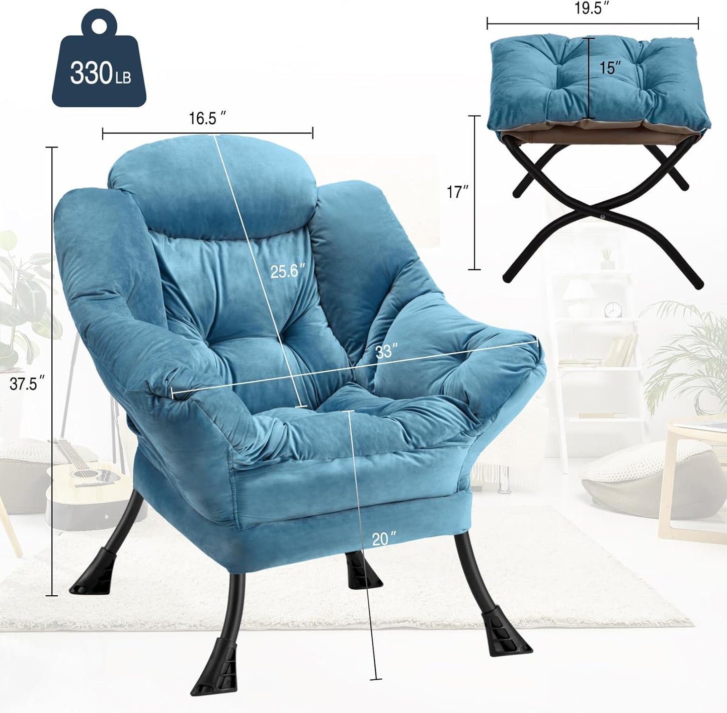 Lazy Chair with Folding Ottoman Modern Large Accent Chair,Contemporary Lounge Leisure Sofa Chair with Armrests Upholstered Sofa Armchair Reading for Bedroom,Dorm & Office(Blue-f)