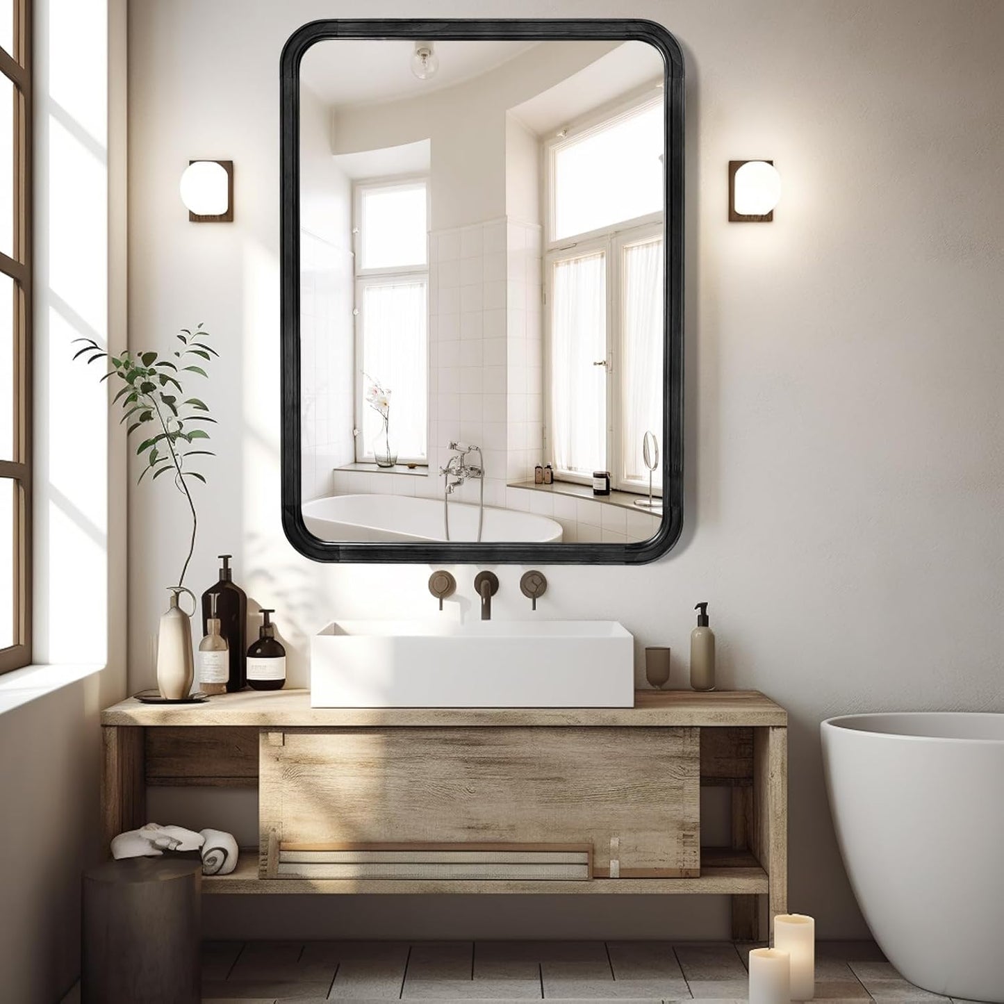 WallBeyond Black Bathroom Mirror for Wall 30x40 Inch Wooden Frame Rectangle Mirror for Farmhouse Bathroom Vanity Wall Mounted Decorative Mirror (Horizontal/Vertical Black)