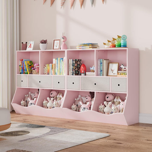 IDEALHOUSE 7-Cubby Large Kids Toy Storage Organizer, Children Wood Bookcase and Bookshelf, 3-Tier Toy Storage Cabinet with 3 Drawers for Hallway, Playroom, Living Room, School, 2 Set Pink