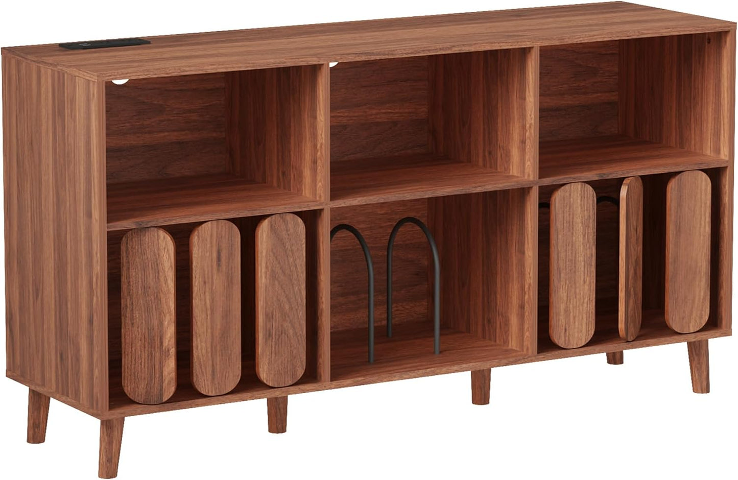 Large Record Player Stand, Record Player Table Vinyl Record Storage Holder Records Cabinet Organizer with Power Outlet for Living Room, Walnut