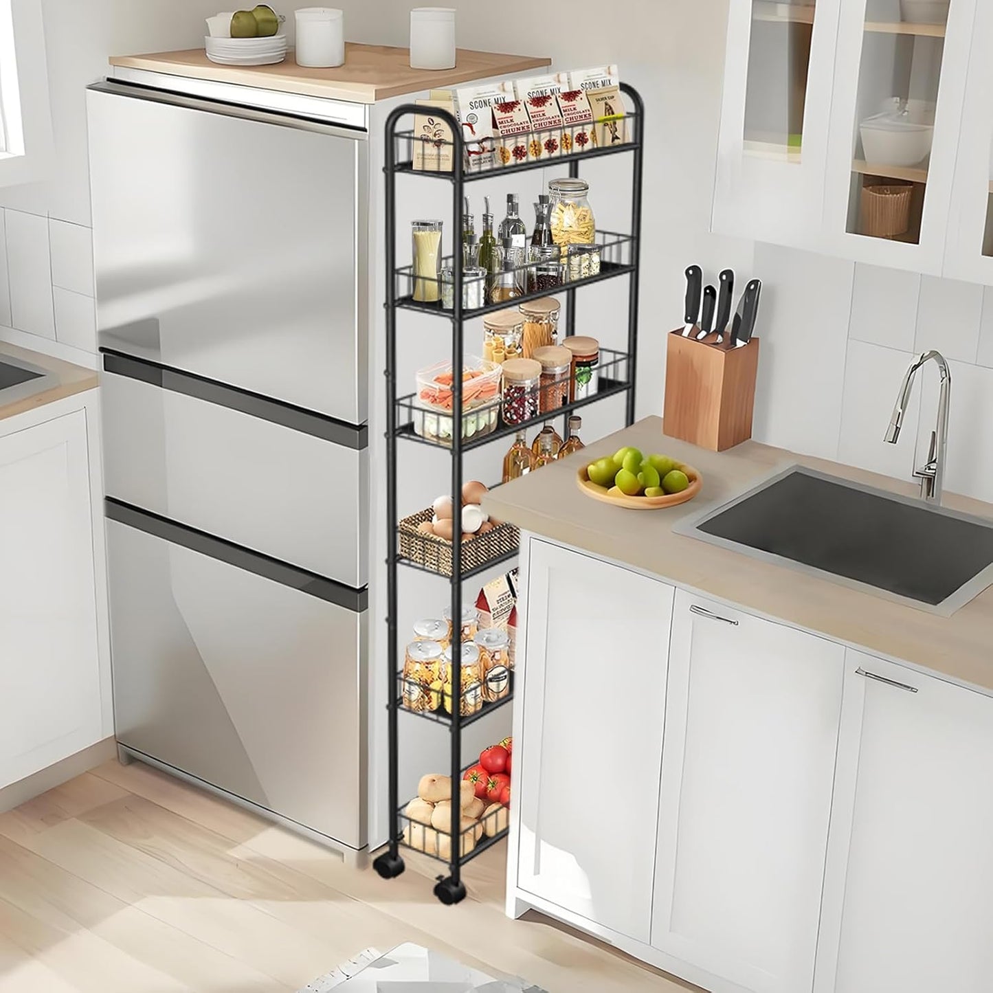 Slim Storage Cart with Wheels, 6-Tier 6in Black Narrow Rolling Shelf,Sturdy Slim Storage Ideal for Kitchen, Bathroom, and Laundry Room