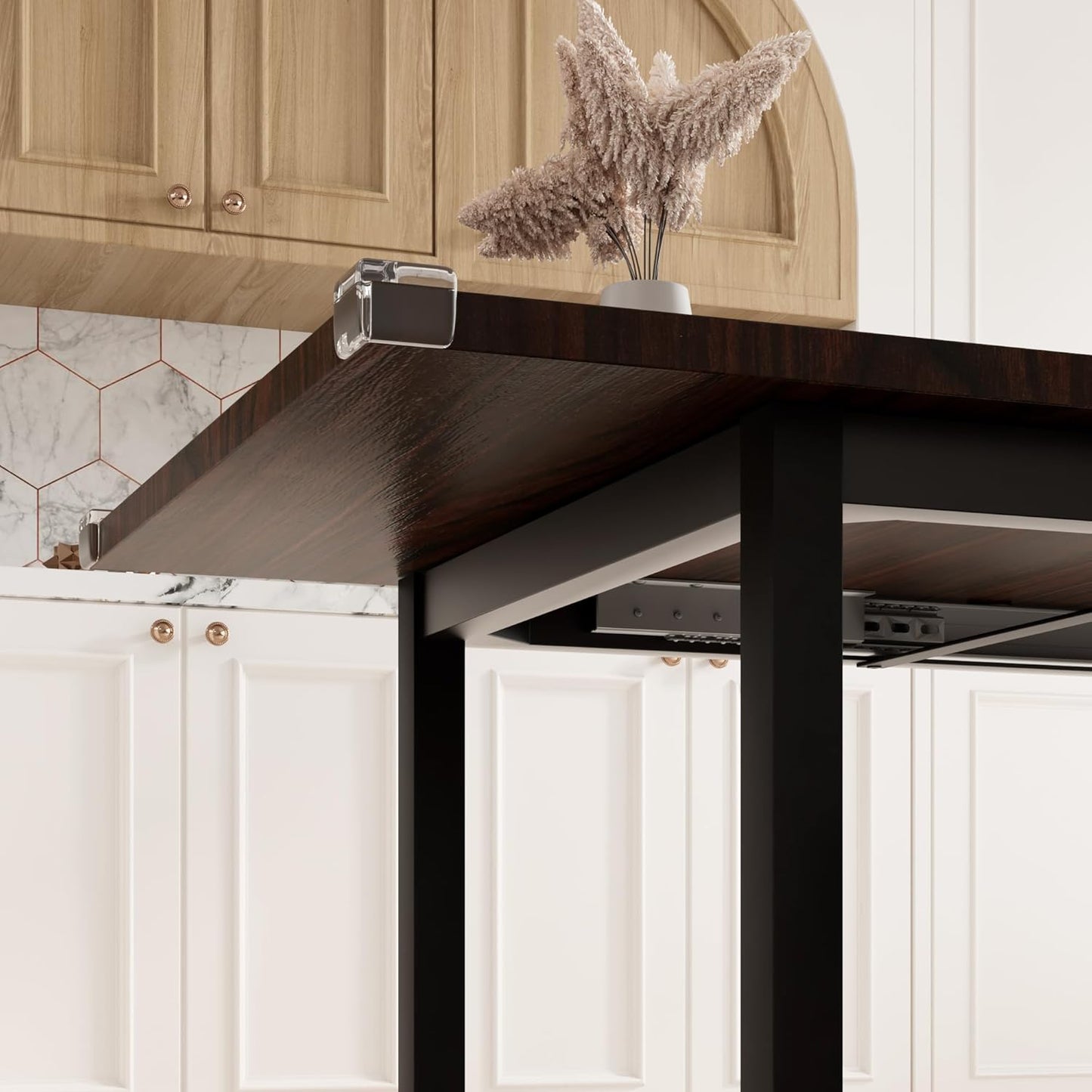 Feonase 7-Piece Dining Table Set with 6 Stools, 63 Inch Extendable Kitchen Table for 4-8, Kitchen Room Set with MDF Board & Metal Frame, Farmhouse Table, Space-Saving, Espresso