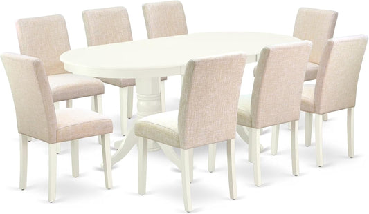 East West Furniture VAAB9-LWH-02 9 Piece Dining Room Set Includes an Oval Wooden Table with Butterfly Leaf and 8 Light Beige Linen Fabric Parson Dining Chairs, 40x76 Inch, Linen White
