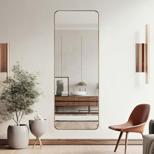 ANDY STAR 18" x 48" Full Length Wall Mirror, Large Brushed Gold Mirror for Bathroom, Rounded Corner Rectangle Body Mirror for Floor and Leaning