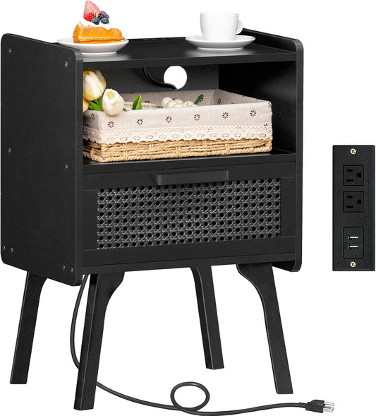 Lerliuo Rattan Nightstand with Charging Station, Side Table with Drawer Open Shelf, Cane Bedside End Table with Solid Wood Legs, Mid Century Night Stand for Bedroom, Dorm and Small Spaces (Black)