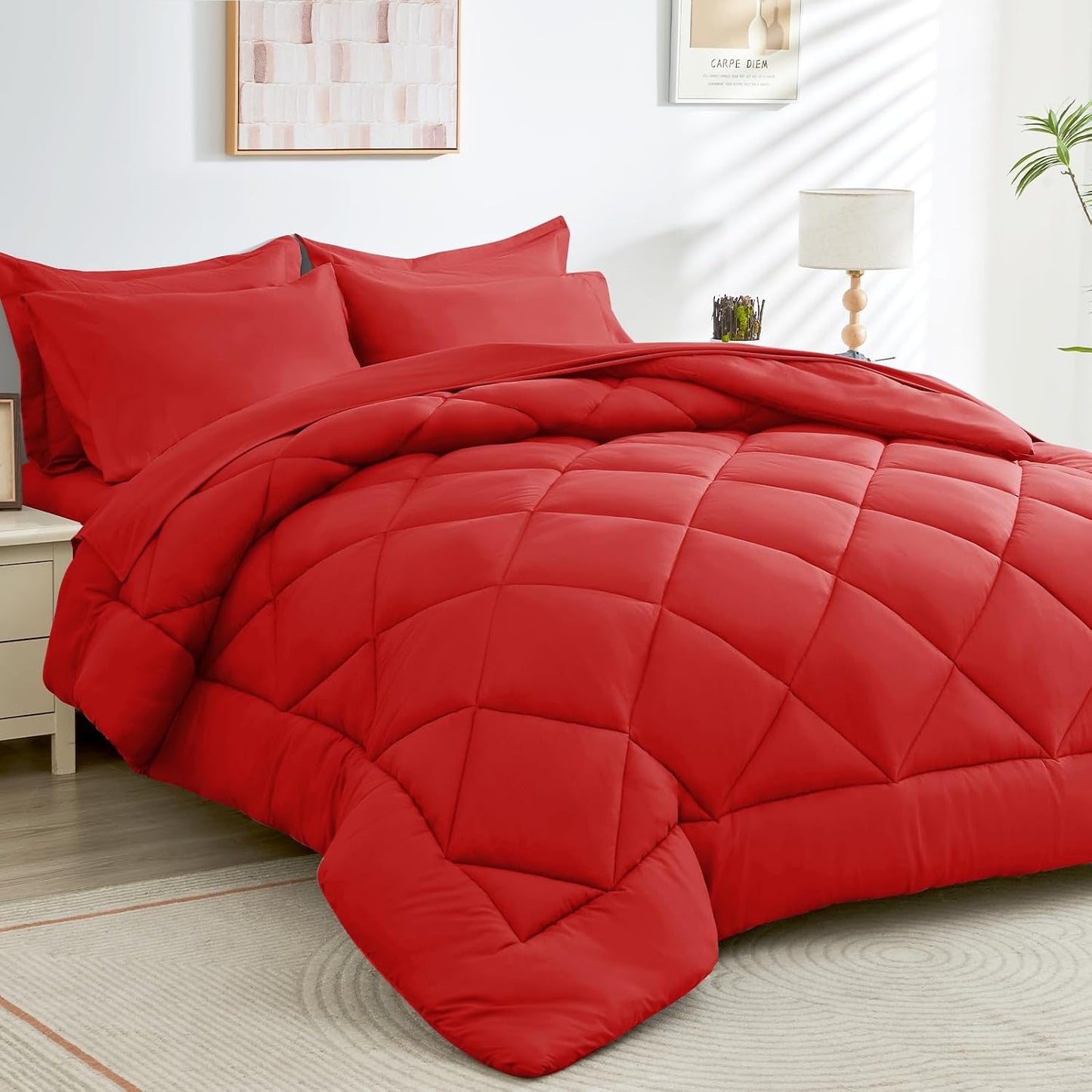 HEVUMYI Red Cali-King Comforter Set - 7-Piece All Season Bed in a Bag Cali-King, Ultra Soft Bedding Set with Comforter, Flat Sheet, Fitted Sheet, Pillowcases, Pillow Shams