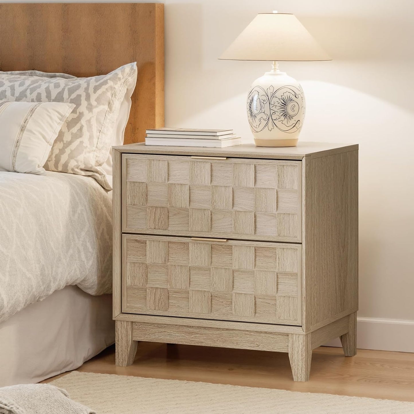 COLAMY Night Stand Set of 2, Nightstand with Charging Station, 22" Modern Bed Side Table with 2 Storage Drawers and Chessboard Relieffor Bedroom, Dorm and Small Spaces - Oak