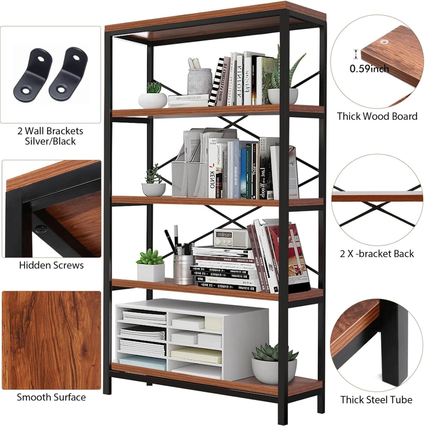 Himimi Industrial Bookshelf 5-Tier, Bookcase 58" H Ladder Shelf, Storage Shelves Rack Shelf Unit, Accent Furniture Metal Frame, Home Office Furniture for Bathroom, Living Room, Vintage Brown