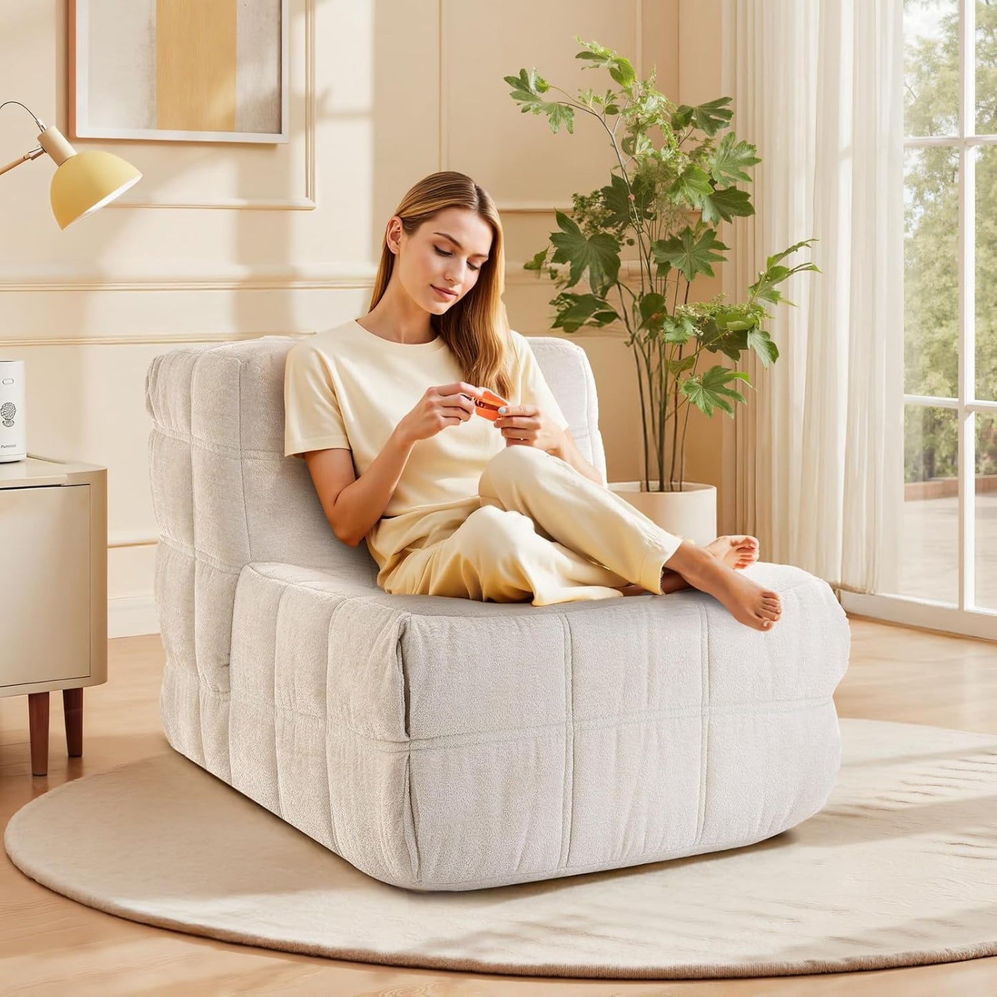 Bean Bag Chair, Soft Chenille Pre-Filled Lazy Chair Floor Sofa Bean Bag Chair for Adults and Teens, Accent Chair for Living Room Bedroom Apartment (Ivory)