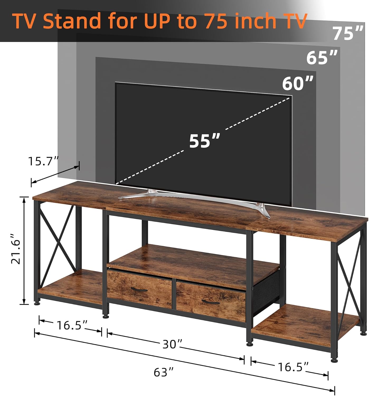 TV Stand with Fabric Drawers for 65 70 75 Inches TV - Entertainment Center and Industrial TV Console Table with Open Storage Shelves for Living Room, Bedroom - 63" Rustic Brown