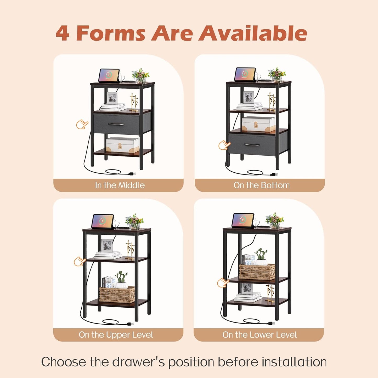 SUPERJARE Nightstand with Charging Station, Bed Side Table with Adjustable Fabric Drawer, Night Stand for Bedroom, 3-Tier Storage End Table, for Living Room - Walnut