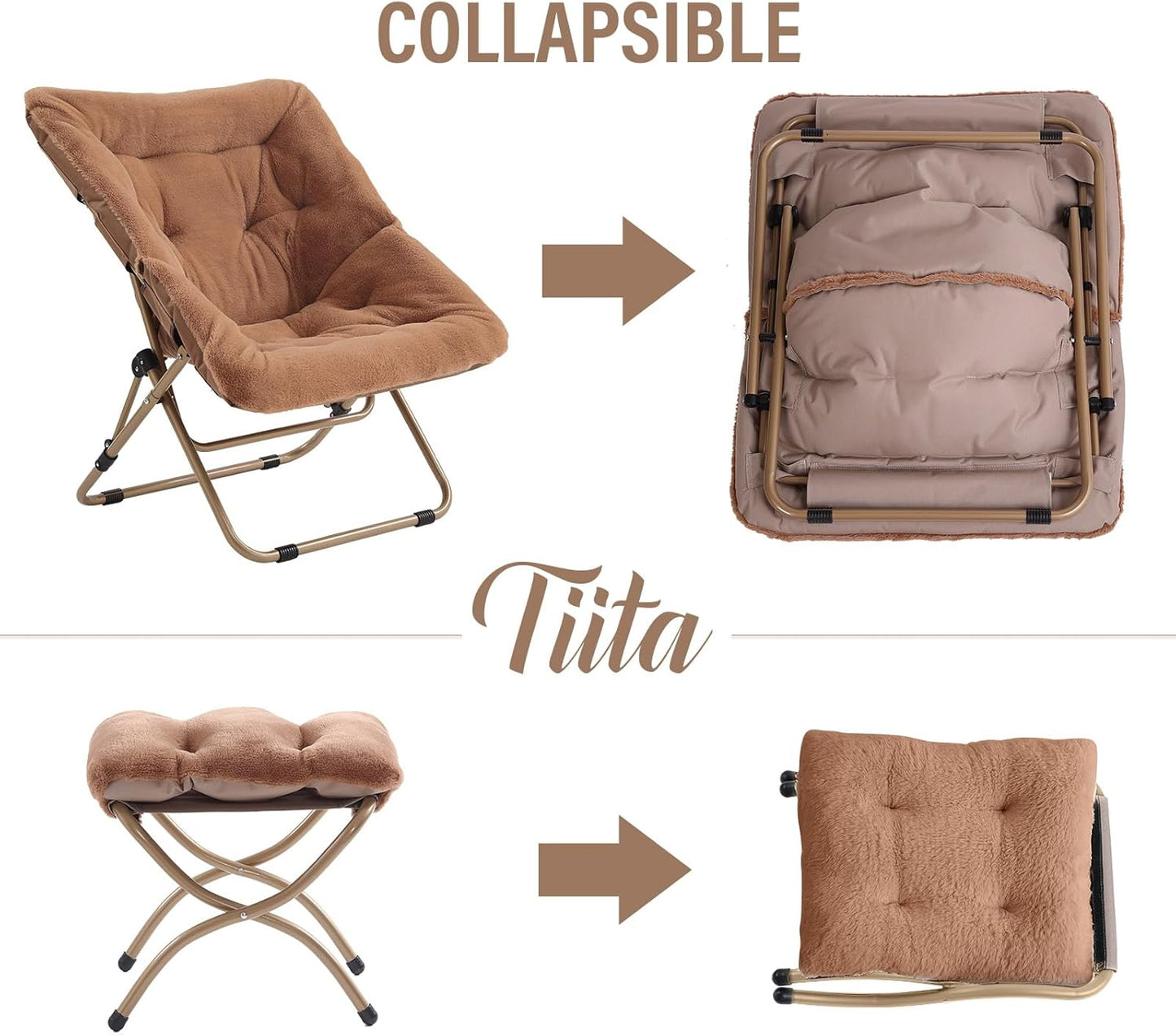Tiita FoldedChair with Ottoman, Soft Faux Fur Oversized Folding Accent Chair,Lounge Lazy Chair, Metal Frame Moon Chair for Bedroom, Living Room, Dorm Rooms, Garden and Courtyard
