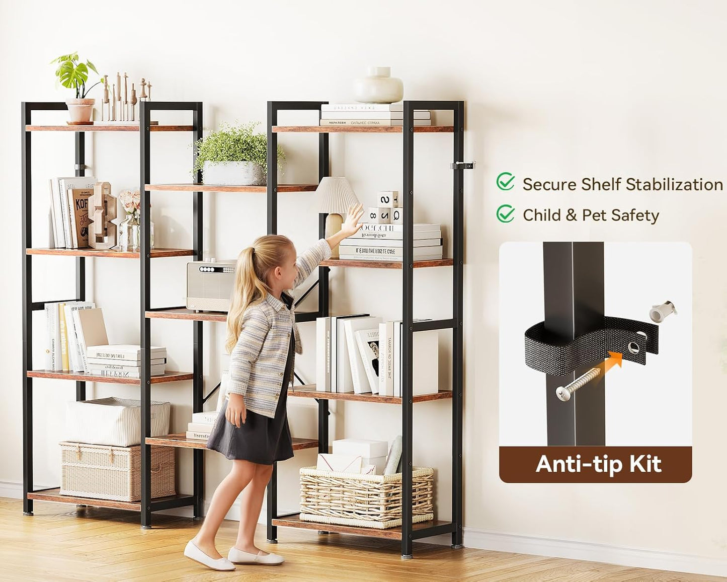 Casaottima Triple 4 Tier Bookshelf, Large Bookcase with 11 Open Display Shelves, Modern Industrial Book Shelves Book Case for Bedroom, Wide Standing Shelving Unit for Living Room Home Office, Vintage