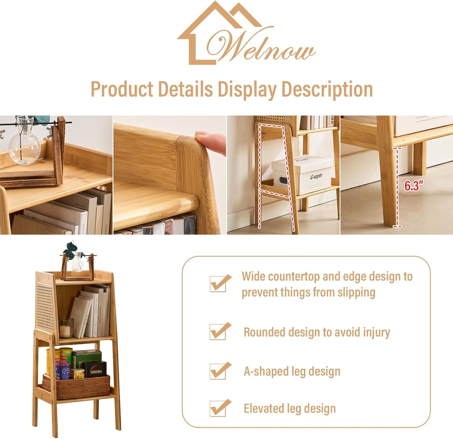 Welnow Bamboo Rattan Bookcase with Cabinet, 1-Tier Storage Shelf with Side Table & End Table Function, Large Modern Wood Organizer for Living Room or Bedroom, Natural Bookshelf