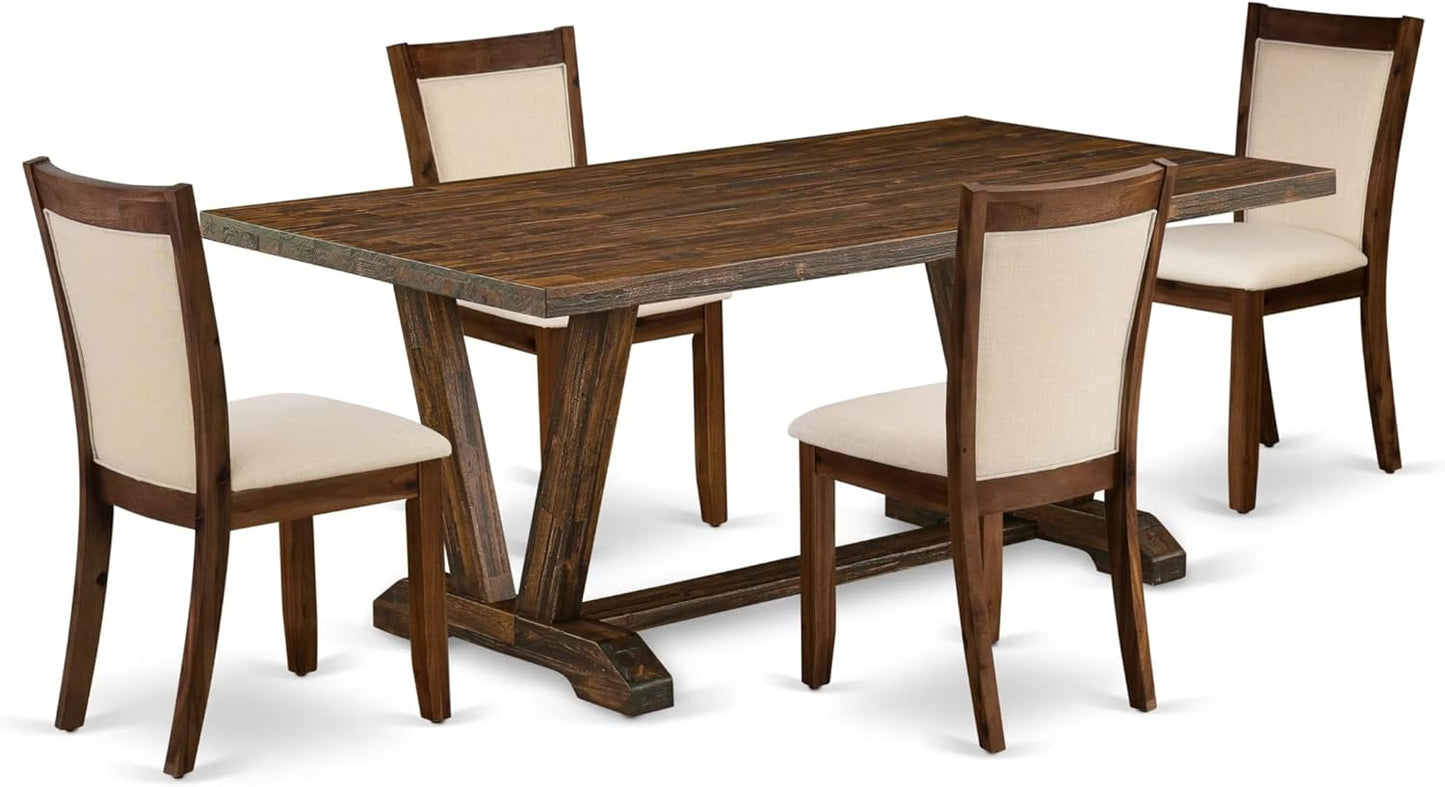 East West Furniture V777MZN32-5 5 Piece Modern Dining Table Set Includes a Rectangle Wooden Table with V-Legs and 4 Light Beige Linen Fabric Upholstered Chairs, 40x72 Inch, Multi-Color