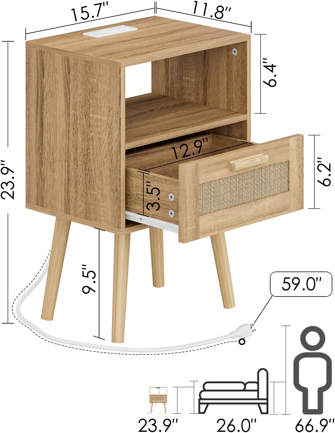 Rattan Nightstand with Charging Station, Small Night Stand, Side Table with Drawer Open Shelf, Cane Accent Bedside End Table with Wood Legs, Modern Nightstand for Bedroom, Oak (Modern)
