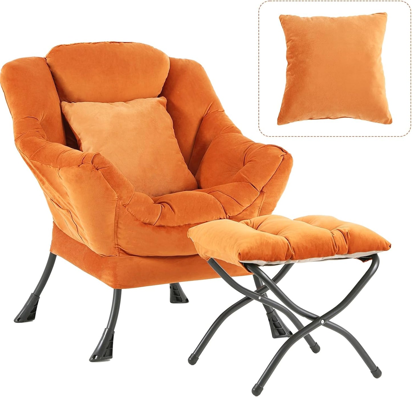 Large Lazy Chair with Ottoman, Accent Reading Chair with a Throw Pillow, Cozy Lounge Chair with Armrest, Leisure Sofa Chair for Living Room, Bedroom, Dorm Room, Velvet Tangerine