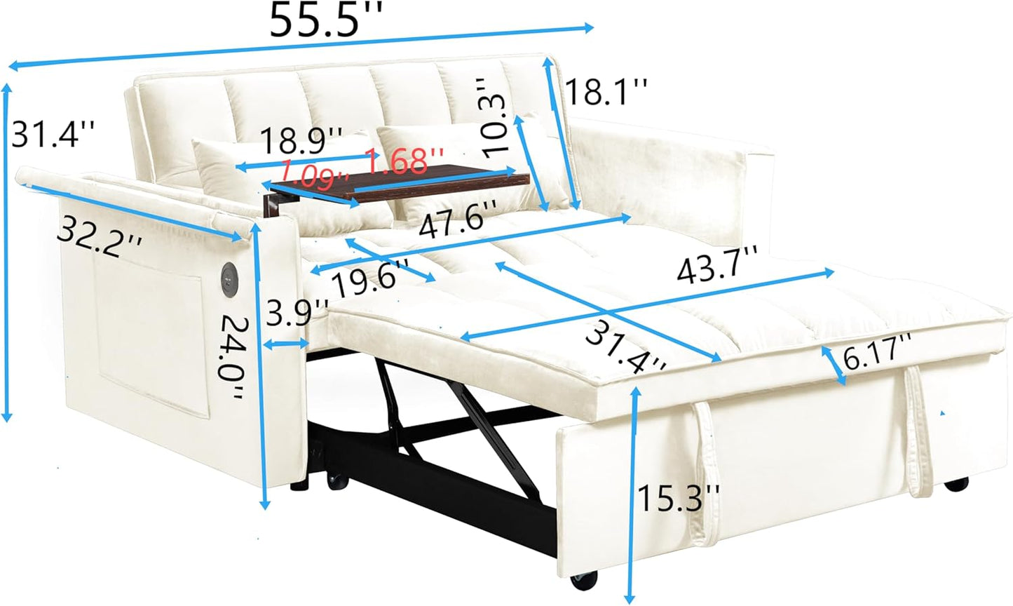 Ball & Cast 55" 3 in 1 Sleeper Sofa Bed Velvet Upholstered Pull Out Couch with Adjustable Back & 2 Pillows,Convertible Futon Sofa Bed W/Hidden Side Table,Side Pocket & USB Port,for Living Room,Beige