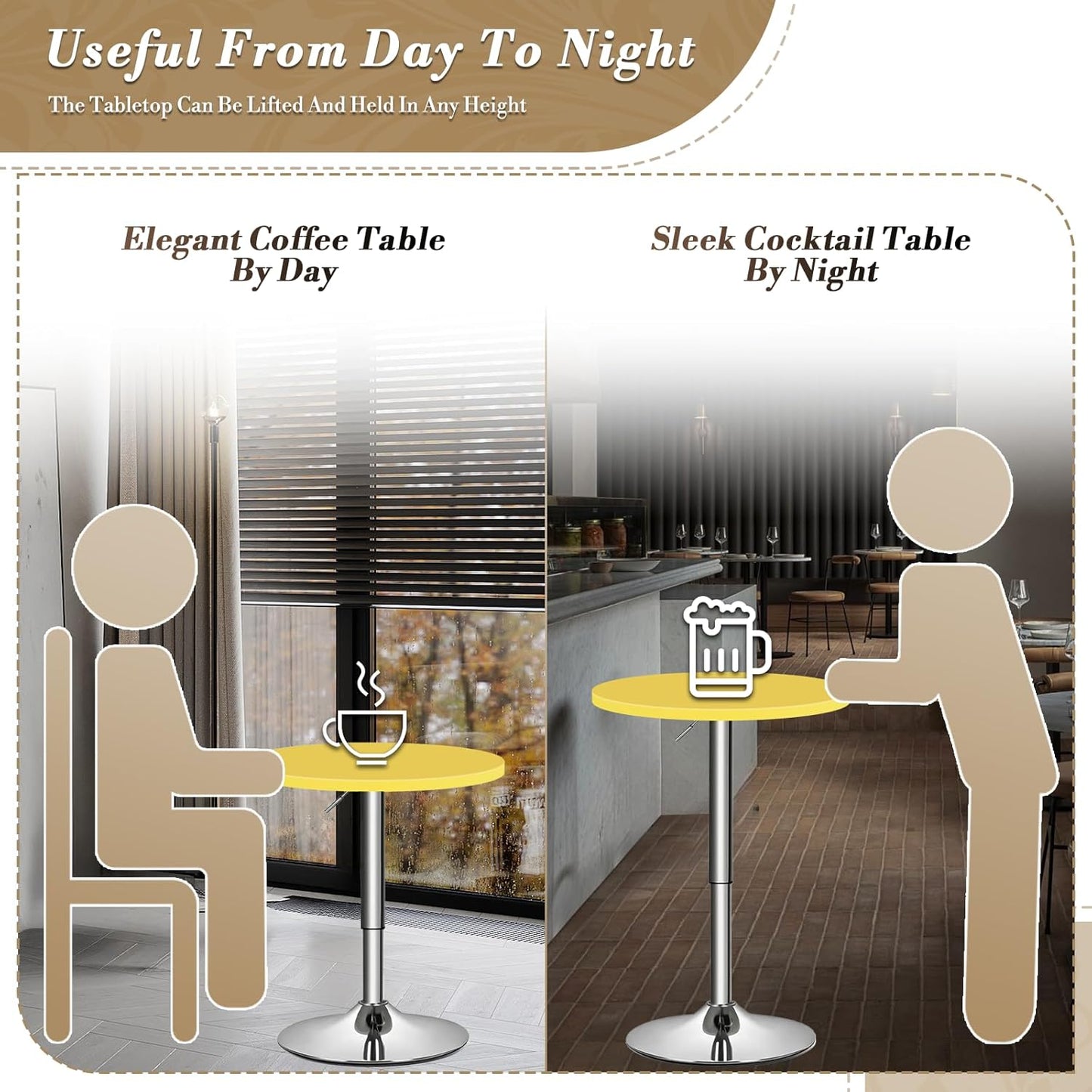 Athena Collection Bar Table with Swivel Top, Round Bistro Pub Bar Height Cocktail Table with Height Adjustable top and Metal Silver Base for Home Outdoor Party Event, Yellow