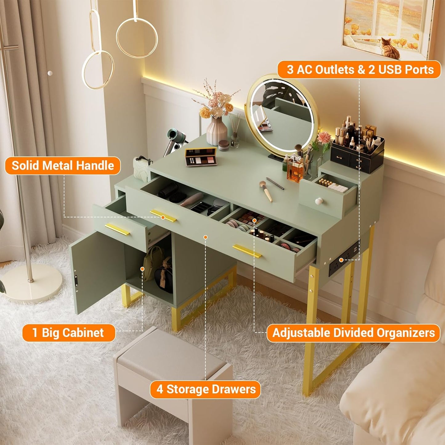 Vanity Desk with 4 Storage Drawers - Modern Makeup Vanity Table with Charging Station, Cyan Vanity Desk with Reversible Cabinet Dressing Table Set with Divided Organizers for Women Girls, Cyan & Gold
