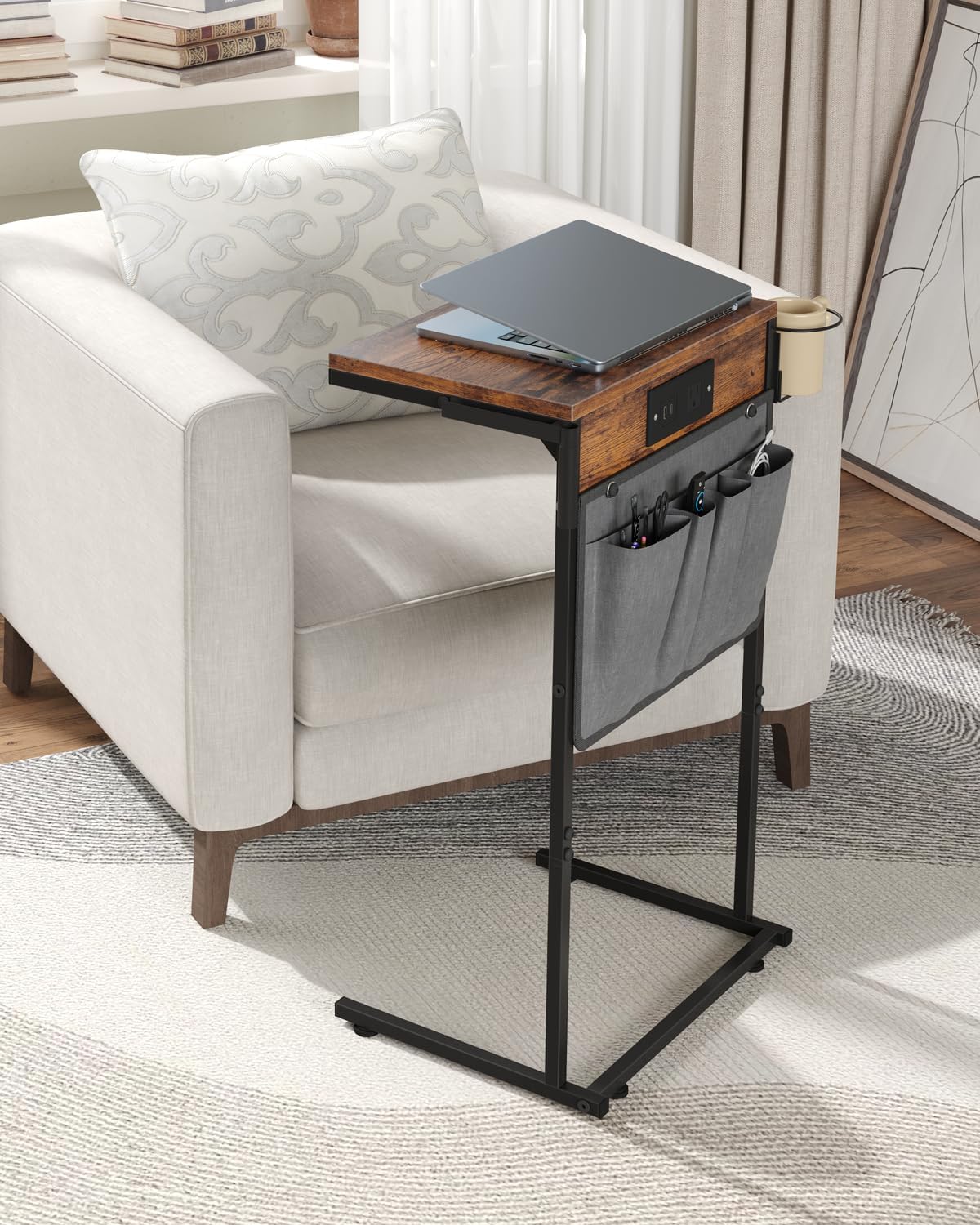 C Shaped End Table with Charging Station, Small TV Tray with Cup Holder and Phone Holder, Couch Side Tables that Slide Under with Storage Bag for Sofa, Recliner, Rustic Brown