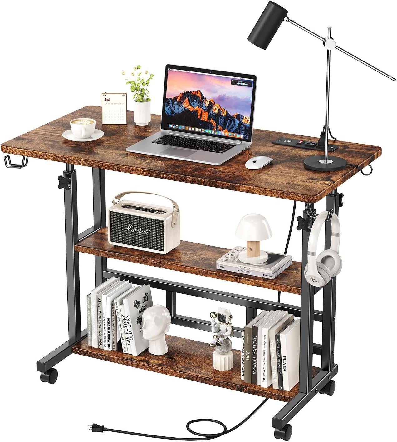 Adjustable Height Standing Desk with Power Outlets, Rolling Stand Up Desk with Storage Shelves, 31.5" Small Mobile Computer Desk, Portable Laptop Table (Brown)